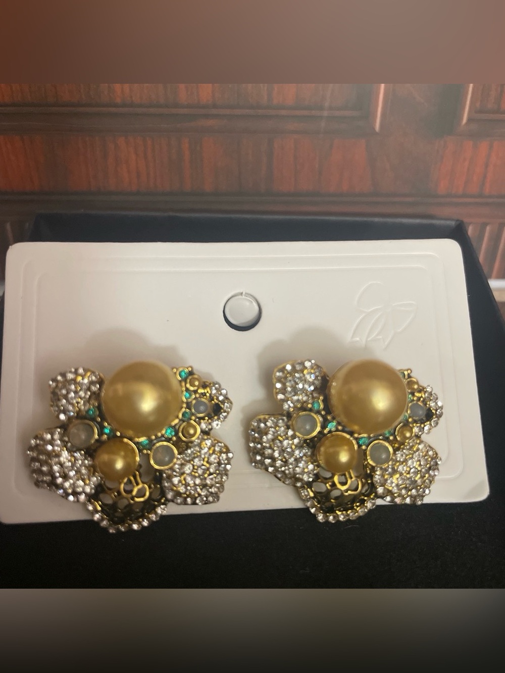 Fashion Gold Pearl & Crystal Floral Statement Earrings